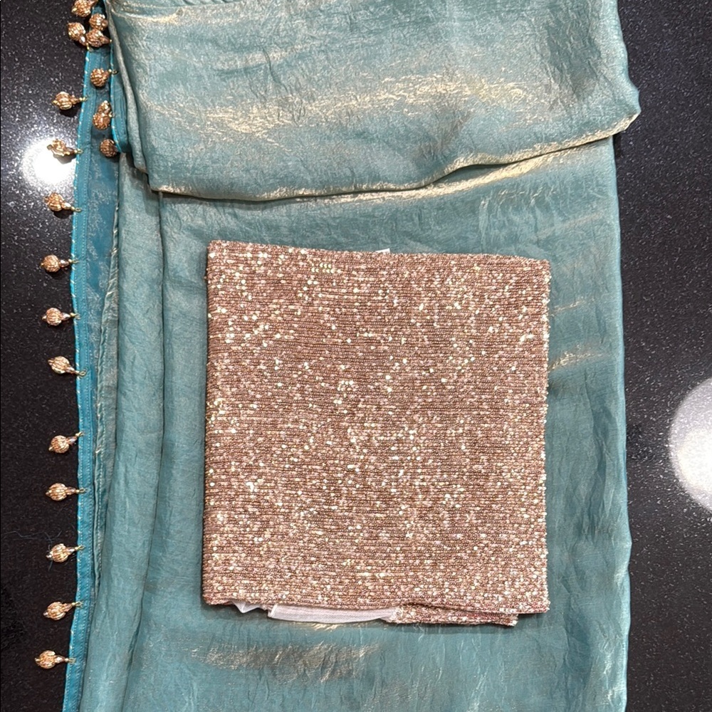 Teal and Gold Saree with Sequin Blouse